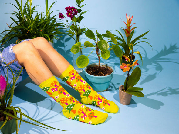 Mushroom Butterfly Socks - Women's 1970s Inspired Crew Socks